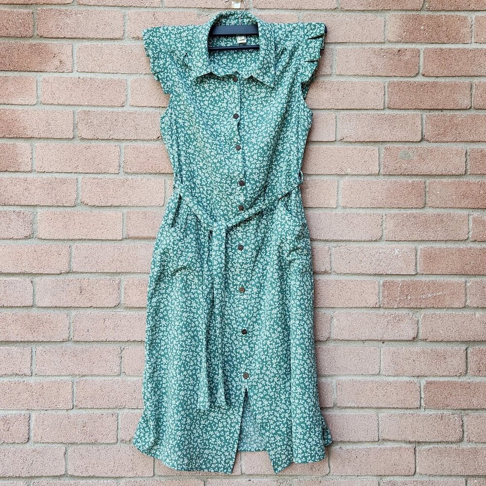 🔴SOLD🔴Monteau Los Angeles Green Floral Shirt Dress Women’s M Midi Belted